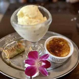 Dessert trio - baklava, Creme Brulee and saffron pistachio ice cream