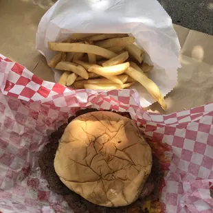 Bacon Hamburger and fries.