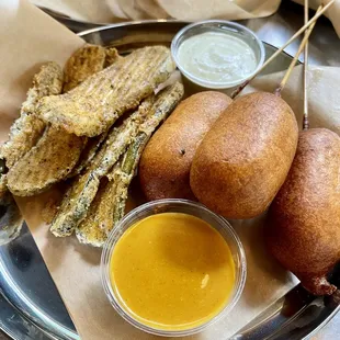 Fried Pickles ($2) Mini Corndogs ($3)