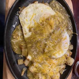 Chili verde scramble, sub over medium eggs.
