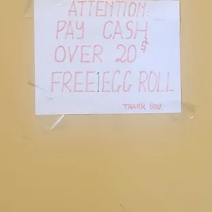 Pay cash, free egg roll