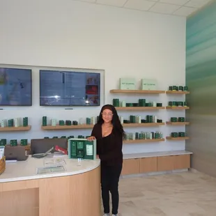 The walls are showcasing the products used for my facial for purchase. The staff are so nice and helpful walking me through the process!