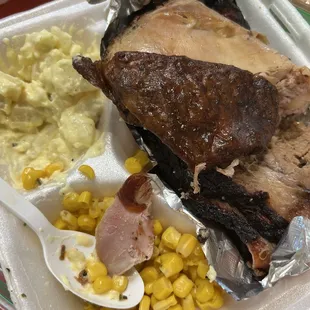 pork, corn, and mashed potatoes