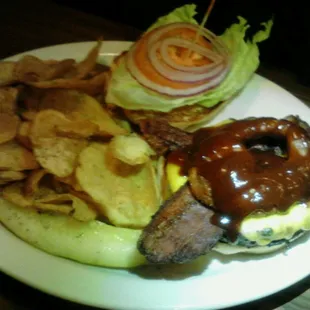Western BBQ Burger with fresh cooked ranch potato chips