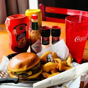 a burger, fries and a drink