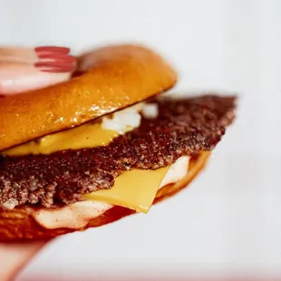 a hand holding a cheeseburger