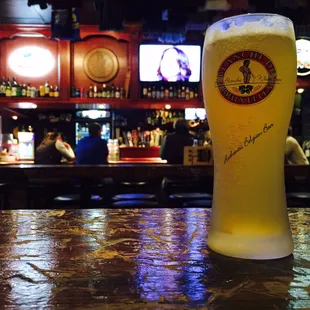 The bar &amp; my newest fav beer glass the petite Blanche de Bruxelles. Dec 2015