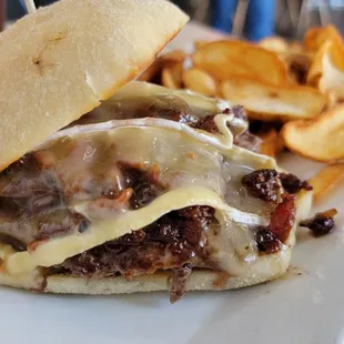 Brie and Bacon Jam burger with fries