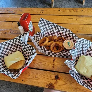 a burger and onion rings