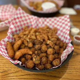 Clam strips, fried okra basket with hush puppies