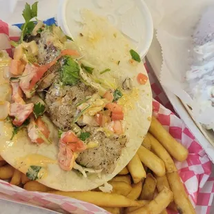 Grilled fish taco, fries