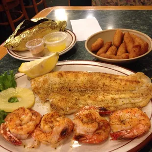 Broiled Shrimp &amp; Flounder Combo with Greek Seasoning.  Sweet Potato top left &amp; delisc Hush Puppies top right.