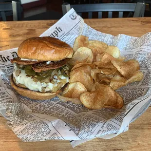 Triple Play Burger with Homemade Chips