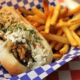 a hot dog and french fries