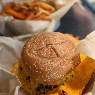 a cheeseburger and fries
