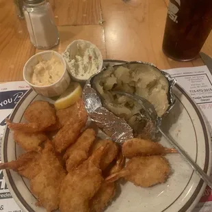Shrimp dinner with baked potato and homemade tator topper