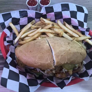 Shrimp Po-Boy with fries