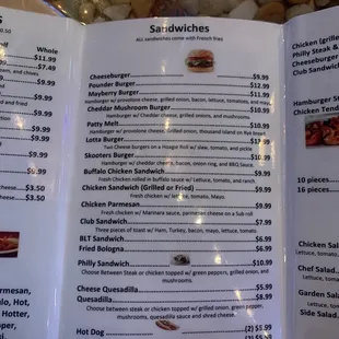 a menu for sandwiches