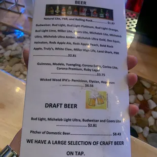 a hand holding a draft beer menu