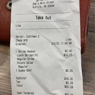 a receipt for take out