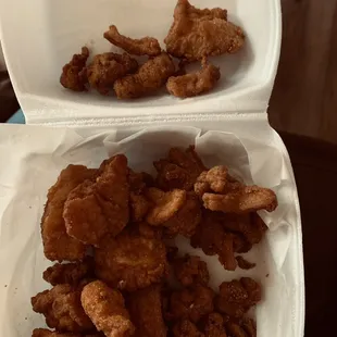 chicken nuggies in a styrofoam container