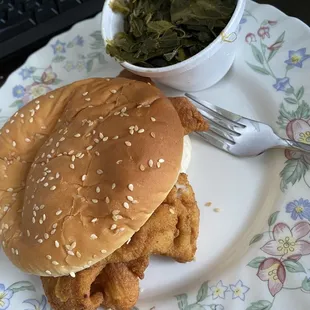 Catfish sandwich collard greens