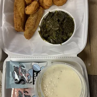 Shrimp &amp; Pollock with collards and clam chowder