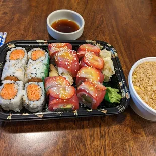 Tokyo roll on left (cooked) and Sex on the Beach roll on right (shrimp tempura inside with tuna and strawberry). Side of fried rice