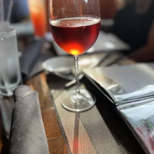 a glass of wine on a table