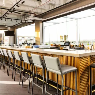 Bar seating with a great view of the Dallas skyline.