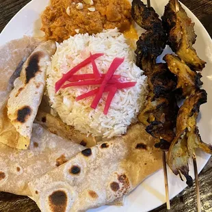 "Chicken" Satay - Malaysian dish of 2 kebabs, rice, roti and peanut sauce.