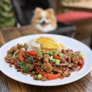 Vegan Pad Krapow: Soy protein w/ basil, onion, garlic, chili, green onion, rice | $17 + $3 vegan yo! egg (dog-friendly patio!)