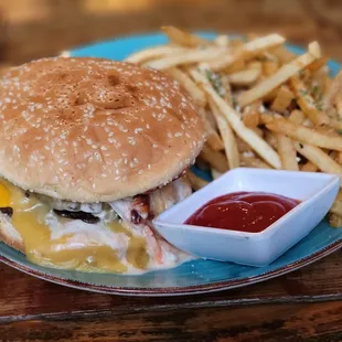 Bela Burger -- double Impossible Burger patties with vegan cheese and slaw, plus seasoned fries. Pretty dirtylicious!