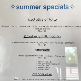 Menu summer specials