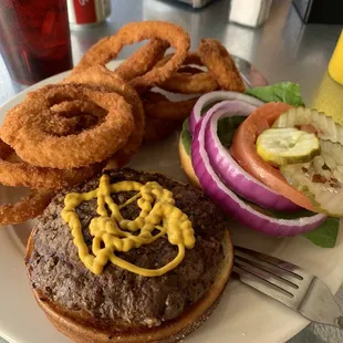 Hamburger and full order of onion rings.