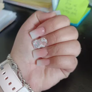 French Ombre Acrylic Nails W/ 3D Flower Art