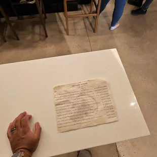 Recycled paper menu