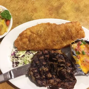 Wrigley Field combination: 12oz ribeye, fried snapper (usually grilled), and sides