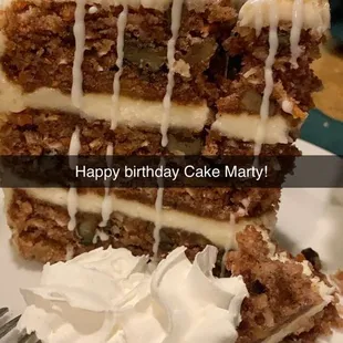 a slice of carrot cake with whipped cream