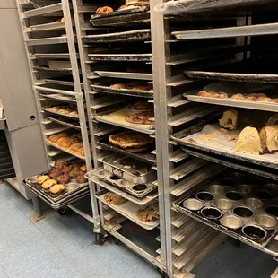 racks of baked goods in a commercial kitchen