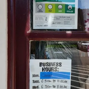 Business hours &amp; stellar inspection rating (9/21/23)