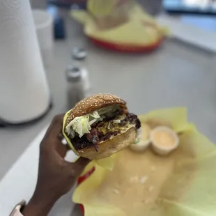 a hand holding a sandwich