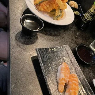 Shrimp &amp; vegetable tempura $13, ebi nigiri $7