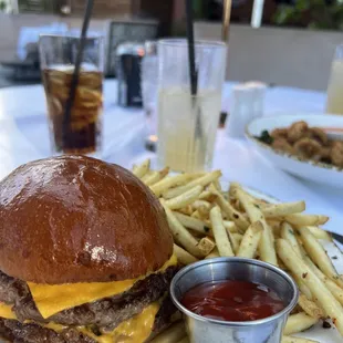 a cheeseburger and fries