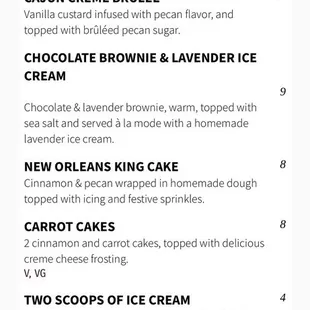 Dessert menu