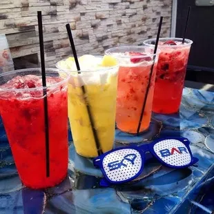 a variety of drinks on a table
