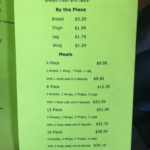 the price of the menu