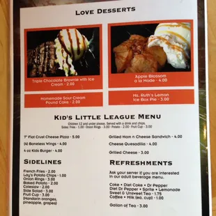 Desserts and Kids menu