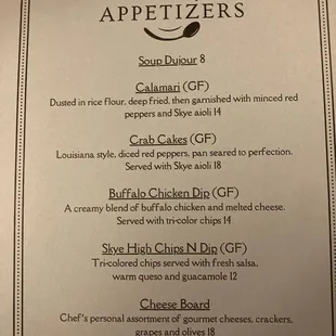 Appetizers menu
