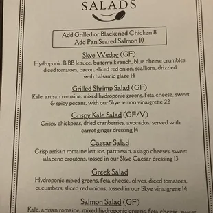 Salads menu